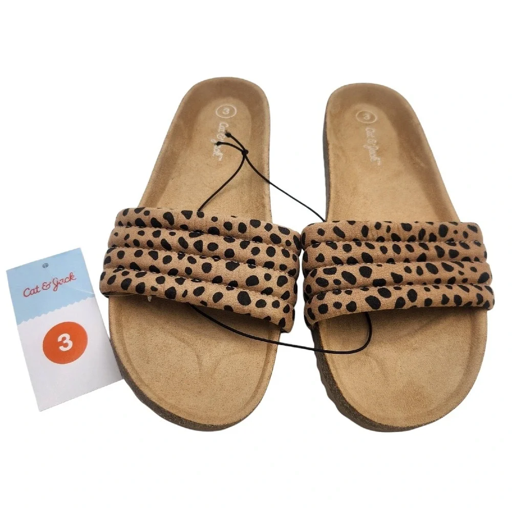 Cat & Jack Youth Girls Selma Tan Animal Print Sandals Size 3 Slide On Brown‎